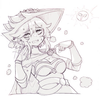 1girl blush breasts cape cleavage commentary commission dang_(runescape) dripping duellist's_cap_(tier_6) english_commentary fanning fanning_face fanning_self gladiator gloves hair_between_eyes hat highres hot medium_breasts medium_hair monochrome old_school_runescape open_mouth original parororo runescape second-party_source simple_background sketch solo sun sweat very_sweaty white_background