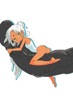 1girl ass barefoot bindi blush character_request dark_skin feet hair_bun highres leotard mini_person minigirl penis penis_hug precum simple_background single_hair_bun sweat tomatojam uncensored white_background white_hair yellow_eyes zakuzaku_actors