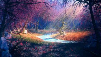 3d branch cherry_blossoms commentary_request dappled_sunlight day forest grass highres k&amp;p_(kptseart) landscape leaf light_rays nature no_humans original outdoors revision rock scenery stream sunbeam sunlight tree water