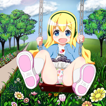 1girl animal_print black_skirt blonde_hair blue_eyes blue_flower blue_hoodie blush blush_stickers clothes_writing cloud clover crotch_seam flat_chest floral_print flower grass green_flower headphones heart heart_print hood hoodie joshi_shougakusei_hajimemashita loli long_hair long_sleeves looking_at_viewer naruse_ricotta nekomimimix open_clothes open_hoodie open_mouth orange_flower panties pink_flower pink_shoes print_panties print_shirt rabbit_print red_flower shirt shoes sitting skirt sky smile sneakers socks spread_legs swing tree underwear white_flower white_panties white_shirt white_socks yellow_flower