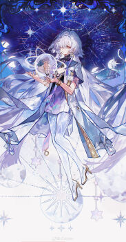 2girls absurdres age_comparison chinese_commentary colyba commentary_request dress dual_persona earrings full_body hair_ornament hair_over_one_eye hands_up high_heels highres jacket jewelry mornye_(wuthering_waves) multiple_girls orb parted_lips purple_dress red_eyes see-through_body tacet_mark_(wuthering_waves) triangle_earrings white_jacket wuthering_waves