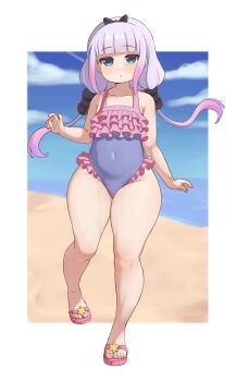 1girl absurdres bare_shoulders beach black_bow blue_eyes blue_sky blunt_bangs blurry blurry_background border bow cloud collarbone covered_navel day female_focus full_body gradient_hair highres kanna_kamui kobayashi-san_chi_no_maidragon loli looking_at_viewer low_twintails multicolored_hair ocean one-piece_swimsuit outdoors pink_sandals purple_hair revision sandals sky solo standing swimsuit thick_thighs thighs toenails toes triagorodri twintails white_border