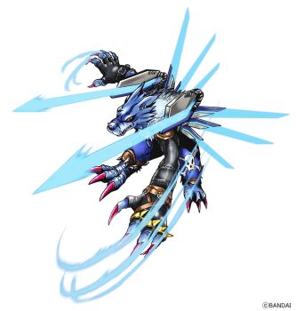 Rule 34 | blue fur, blue pants, brass knuckles, commentary request, denim, digimon, digimon (creature), digimon adventure: (2020), energy wings, fangs, full body, mechanical wings, no humans, official art, pants, purple nails, red eyes, sharp teeth, simple background, solo, teeth, weapon, weregarurumon, weregarurumon sagittarius mode, werewolf, white background, wings