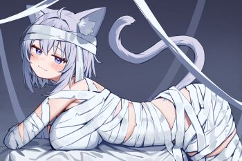 1girl ahoge animal_ears bandaged_arm bandaged_head bandaged_leg bandaged_torso bandages bent_over blush breasts cat_ears cat_girl cat_tail closed_mouth deaver highres hololive large_breasts looking_at_viewer medium_hair mummy_costume naked_bandage nekomata_okayu purple_eyes purple_hair purple_tail smile solo tail thighs virtual_youtuber