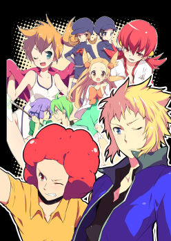 00s 4girls 5boys aaron_(pokemon) afro aqua_eyes black_hair blonde_hair blue_eyes bow brown_eyes brown_hair bugsy_(pokemon) newsboy_cap choker competition_swimsuit cosplay dress elite_four ethan_(pokemon) fang flint_(pokemon) green_eyes green_hair gym_leader hair_ornament hat jacket jasmine_(pokemon) long_hair low_twintails lyra_(pokemon) misty_(pokemon) multiple_boys multiple_girls nakamura_sandayo net nintendo one-piece_swimsuit one_eye_closed open_mouth orange_hair pokemon pokemon_dppt pokemon_hgss purple_eyes purple_hair red_eyes red_hair side_ponytail simple_background smile swimsuit team_rocket team_rocket_(cosplay) team_rocket_uniform towel towel_around_neck twintails two_side_up volkner_(pokemon) whitney_(pokemon) wink