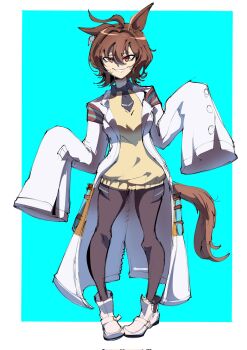 1girl agnes_tachyon_(tach-nology)_(umamusume) agnes_tachyon_(umamusume) ahoge animal_ears black_pantyhose black_shirt blue_background border breasts brown_hair collared_shirt commentary corrupted_twitter_file derxon2 ear_ornament earrings english_commentary hands_up hem_peeking_out highres horse_ears horse_girl horse_tail jewelry looking_at_viewer medium_breasts pantyhose red_eyes shirt short_hair simple_background single_earring sleeves_past_fingers sleeves_past_wrists smile solo sweater tail test_tube umamusume white_border wolf_cut yellow_sweater
