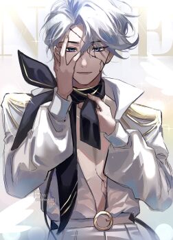 1boy absurdres belt blue_eyes character_name cowboy_shot cracked_skin curtained_hair epaulettes hand_on_own_face highres looking_at_viewer male_focus neck_ribbon nice_(to_be_hero_x) open_clothes open_shirt pectorals puffy_sleeves ribbon saihachi06 shirt short_hair smile solo swept_bangs to_be_hero to_be_hero_x white_hair white_shirt