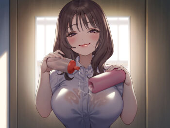1girl artificial_vagina breasts brown_eyes brown_hair closed_mouth commentary_request door dripping holding holding_sex_toy large_breasts looking_at_viewer lube medium_hair original pokachu sex_toy shirt smile solo upper_body voice_drama_available white_shirt