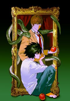 2boys absurdres apple bags_under_eyes barefoot black_background black_eyes black_hair blue_pants brown_eyes brown_hair brown_jacket closed_mouth collared_shirt commentary_request death_note denim food fruit gradient_background green_background gwonminchang_(pedestrianium) hair_between_eyes hand_on_own_cheek hand_on_own_face highres holding holding_food holding_fruit jacket jeans korean_commentary l_(death_note) looking_at_viewer male_focus multiple_boys necktie pants picture_frame red_necktie shirt short_hair sitting snake suit_jacket white_shirt yagami_light