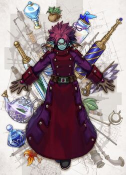 Rule 34 | 1boy, aqua skin, belt, blueprint background, brown gloves, buttons, coat, colored skin, commentary request, double-breasted, dragon quest, dragon quest x, fins, fish boy, flei rainbow, full body, glass teapot, gloves, goggles, grey background, head fins, highres, lead pipe, leaf, looking at viewer, male focus, medium hair, multicolored coat, overcoat, parted bangs, pink hair, purple coat, red coat, red eyes, smile, solo, spiked hair, vial, weddie (dq10)