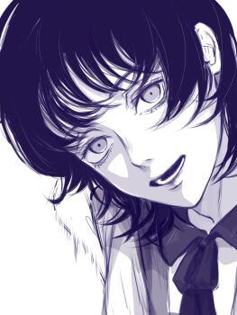 Rule 34 | 1girl, collared dress, dress, eri (sayonara eri), head tilt, highres, jiuwen siming, looking at viewer, lower teeth only, monochrome, neckerchief, open mouth, sayonara eri, school uniform, short hair, simple background, smile, solo, teeth, upper body