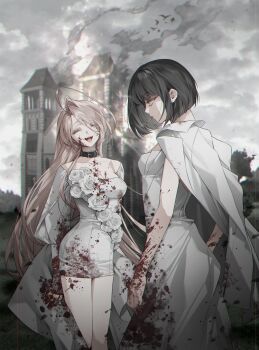 2girls absurdres ahoge artist_request black_choker black_hair bob_cut breasts burning choker cowboy_shot dress female_focus flower highres jacket jacket_on_shoulders limbus_company long_hair mansion medium_breasts multiple_girls oc_x_canon original outdoors parted_bangs pink_hair project_moon reo_(rw0419) rose ryoshu_(project_moon) short_hair very_long_hair wedding_dress white_dress white_flower white_jacket white_rose wife_and_wife yuri