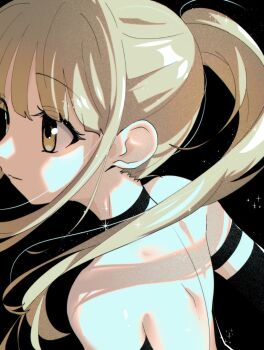1girl back backless_dress backless_outfit bare_shoulders black_dress blonde_hair brown_eyes choker commentary_request dress elbow_gloves expressionless gloves highres medalist_(manga) nzeneee sarukawa_rinna solo upper_body