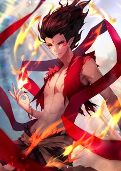 1boy absurdres black_hair black_nails black_pants bracelet chest_markings chinese_commentary commentary_request cowboy_shot cyacyacyacyaki facial_mark fingernails fire forehead_mark hagoromo highres jewelry male_focus navel nezha_(nezha_zhi_motong_jiangshi) nezha_zhi_motong_jiangshi open_clothes open_vest pants pointy_ears pyrokinesis red_eyes red_vest sharp_fingernails shawl short_hair solo spiked_hair torn_clothes torn_pants torn_vest tsurime vest