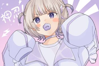 1girl blush_stickers brown_hair choker commentary_request gradient_background grey_choker grey_eyes grey_jacket hands_up highres hololive hololive_dev_is jacket lightning_bolt_symbol long_sleeves looking_at_viewer multicolored_hair pacifier pink_background puffy_long_sleeves puffy_sleeves purple_background purple_hair shirt sleeves_past_fingers sleeves_past_wrists solo streaked_hair todoroki_hajime translation_request two_side_up upper_body usako_(umauma0602) v-shaped_eyebrows virtual_youtuber white_shirt