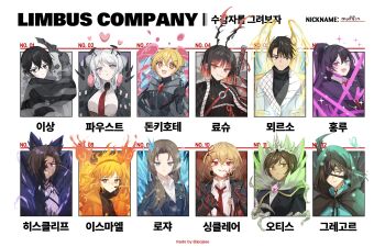 4th_match_flame_(e.g.o) 6+boys 6+girls :o absurdres animal_ear_fluff animal_ears antennae aqua_eyes ardor_blossom_star_(e.g.o) armor artist_name bags_under_eyes black_eyes black_gloves black_hair black_sweater blonde_hair blue_eyes blush breath brown_cloak brown_eyes brown_hair bug butterfly character_name chart cigarette cloak collared_shirt crossed_bangs dark-skinned_female dark-skinned_male dark_skin don_quixote_(project_moon) doomsday_calendar_(project_moon) e.g.o_(project_moon) empty_eyes everyone evil_grin evil_smile expressionless eyepatch facial_hair faust_(project_moon) fins fire fish_girl fluid_sac_(e.g.o) gloves glowing glowing_eye gradient_hair green_eyes gregor_(project_moon) grin hair_between_eyes hair_ornament hairband hand_on_own_cheek hand_on_own_face head_fins head_wreath heart heathcliff_(project_moon) heterochromia hex_nail_(e.g.o) high_ponytail highres holding holding_polearm holding_weapon hong_lu_(project_moon) hood hood_up hooded_cloak ice icicle id_card impending_day_(e.g.o) insect ishmael_(project_moon) jacket korean_text light_particles limbus_company long_hair long_sleeves looking_at_viewer love_mintchoco medium_hair meursault_(project_moon) mole mole_under_eye monocle multicolored_hair multiple_boys multiple_drawing_challenge multiple_girls nail_(hardware) necktie one_eye_covered open_collar open_mouth orange_eyes orange_hair orange_hairband orange_jacket outis_(project_moon) outside_border parted_lips pink_eyes pink_ribbon pink_shoes_(project_moon) polearm ponytail project_moon purple_eyes red_eyes red_hair red_necktie ribbon rodion_(project_moon) roseate_desire_(e.g.o) ryoshu_(project_moon) sharp_teeth shirt short_hair sideways_glance sinclair_(project_moon) smile smoking sparkle stubble suspenders sweater swept_bangs teeth telepole_(e.g.o) turtleneck turtleneck_sweater twitter_username v-shaped_eyebrows weapon white_hair white_shirt wing_collar wishing_cairn_(e.g.o) wolf_boy wolf_ears yi_sang_(project_moon)