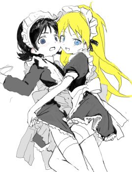 Rule 34 | 2boys, :d, @ @, alternate costume, alternate hairstyle, apron, back bow, blonde hair, blue eyes, bow, clothes grab, clothes lift, feet out of frame, grabbing another's shirt, hair down, hair ornament, highres, holding, hug, kakutou15, kenny mccormick, light blush, long hair, looking at viewer, maid, maid apron, male focus, multiple boys, open mouth, short hair, smile, south park, stan marsh, thigh strap, very long hair