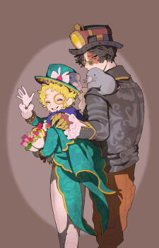 2boys animal animal_on_shoulder aqua_jacket black_hair black_jacket blonde_hair bouquet bow brown_pants claws closed_eyes covered_mouth curly_hair fake_claws feet_out_of_frame floral_print flower freckles frilled_sleeves frills furrowed_brow glasses gloves grey_eyes hand_on_another&#039;s_shoulder hat hat_bow hat_lantern height_difference highres holding holding_bouquet identity_v jacket looking_back male_focus mike_morton mike_morton_(mr._swifts) mole_(animal) monocle multiple_boys norton_campbell norton_campbell_(mr._mole) pants patterned_clothing pince-nez scar scar_across_eye scar_on_face short_hair smile top_hat tsuntenponten walking waving white_bow white_gloves white_pants yellow_trim