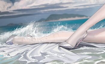 Rule 34 | 1girl, aether gazer, blurry, blurry background, cloud, dress, feet, foot focus, gengchen (aether gazer), grey footwear, high heels, island, legs, ocean, sky, solo, splashing, tsuki no i-min, water, wet thighhighs, white dress