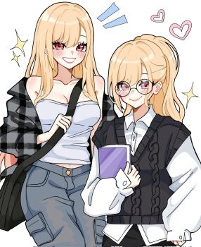 1girl alternate_costume bag bare_shoulders black_bag black_pants black_sweater_vest blonde_hair blush book breasts cleavage closed_mouth collared_shirt glasses grey_pants highres holding holding_book kitagawa_marin large_breasts long_hair looking_at_viewer midriff_peek miovartz multiple_views pants parted_lips pink_eyes plaid_clothes plaid_shirt round_eyewear shirt shirt_partially_removed shirt_under_sweater shoulder_bag smile solo sono_bisque_doll_wa_koi_wo_suru sparkle strapless sweater_vest tube_top white_background white_shirt