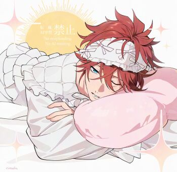 1boy alternate_costume amagi_rinne blue_eyes bow crossed_bangs ensemble_stars! frilled_sleeves frills hairband hugging_object long_sleeves looking_at_viewer lunapont lying male_focus on_stomach one_eye_closed parted_hair parted_lips pillow pillow_hug red_hair shirt solo sparkle upper_body watermark white_background white_shirt