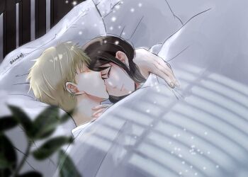 1boy 1girl arm_around_neck black_hair blonde_hair blurry blurry_foreground closed_eyes closed_mouth couple cuddling hand_on_another&#039;s_neck hetero highres kinak03 long_hair on_bed plant shirt short_hair sidelocks sleeping spy_x_family twilight_(spy_x_family) twitter_username under_covers upper_body white_shirt yor_briar