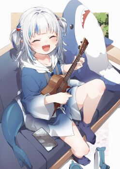 1girl :d ^_^ absurdres blue_jacket closed_eyes feet gawr_gura gawr_gura_(1st_costume) guitar highres holding holding_guitar holding_instrument holding_ukulele hololive hololive_english instrument jacket long_sleeves open_mouth sharp_teeth sitting smile solo stuffed_animal stuffed_shark stuffed_toy teeth ukulele upper_teeth_only virtual_youtuber yukie_(kusaka_shi)