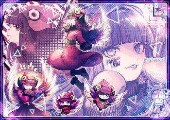 Rule 34 | 1girl, :3, absurdres, atlus, belt, black gloves, blunt bangs, boots, chibi, coat, fur, gloves, green eyes, highres, long hair, megami tensei, muu shuwuu (megami tensei), purple hair, red coat, shin megami tensei, solo, spiked hair, wings