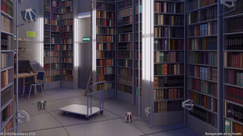 2018 3d artist_name book bookshelf cart chair computer cup cyrillic door highres indoors interior computer_keyboard lamp library monitor computer_mouse no_humans office_chair original scenery shadow shelf sign surafin swivel_chair table tile_floor tiles wall wall_lamp