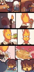 ! !! 2boys =_= androgynous bed blanket bow bowtie brown_hair comic elemental_(creature) fire_elemental food french_fries frisk_(undertale) glasses grillby heart heart_print highres hood hoodie imagining korean_text left-to-right_manga monster_boy multiple_boys mundane_utility oil sans_(undertale) screaming shirt skeleton spitting ssalbulre steam striped_clothes striped_shirt sweat translation_request undertale utdr_(toby_fox) vest waistcoat waking_up