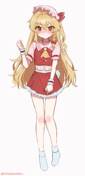 Rule 34 | 1girl, alternate costume, aorin oekaki, ascot, blonde hair, blush, bow, braid, closed mouth, collared shirt, commentary request, cosplay, embarrassed, flandre scarlet, flandre scarlet (cosplay), frilled shirt collar, frilled skirt, frills, full body, hair between eyes, hair bow, hat, highres, kirisame marisa, long hair, looking at viewer, miniskirt, missing wings, mob cap, pink hat, pink shirt, red bow, red eyes, red skirt, red vest, shirt, side braid, single braid, skirt, skirt set, socks, solo, touhou, twitter username, very long hair, vest, white socks, wrist cuffs, yellow ascot