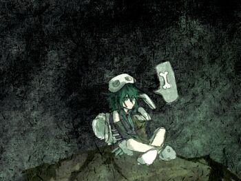 1other androgynous asymmetrical_sleeves bare_legs black_background black_sleeves bone brown_sleeves chinese_commentary closed_mouth commentary_request crossed_ankles detached_sleeves expressionless full_body green_eyes green_hair hair_between_eyes hat japanese_clothes kimono kitsugai_sese len'en long_hair long_sleeves mismatched_sleeves on_ground other_focus purple_kimono shi_tong short_kimono single_bare_shoulder sitting skull-shaped_hat sleeveless sleeveless_kimono slippers solo spoken_object white_hat white_slippers wide_sleeves