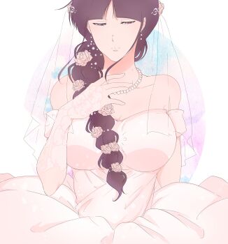 1girl absurdres bare_shoulders bead_necklace beads black_eyes black_hair bleach blunt_bangs braid braided_ponytail breasts bridal_veil cleavage collarbone commentary_request dress earrings hair_over_shoulder half-closed_eyes highres jewelry kurotsuchi_nemu large_breasts looking_down m1gm1gmagnesium necklace single_braid smile solo strapless strapless_dress veil wedding_dress