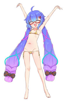 1girl ahoge bikini blue_hair blush chabatake_yunomi closed_eyes flat_chest full_body glasses gold_bikini gradient_hair hair_ornament highres loli long_hair multicolored_hair navel open_mouth otomachi_una simple_background solo swimsuit twintails very_long_hair voiceroid white_background yellow_bikini yellow_swimsuit