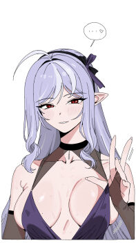 ... 1girl absurdres ahoge black_choker breasts choker commentary dress highres large_breasts long_hair looking_at_viewer pointy_ears purple_dress purple_eyes purple_hair radiocupcake simple_background solo spoken_ellipsis very_long_hair vivian_banshee zenless_zone_zero