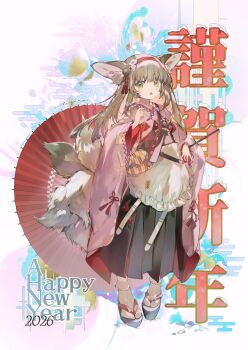 1girl 2026 absurdres animal_ear_fluff animal_ears apron arknights black_skirt blonde_hair blush commentary english_commentary fox_ears fox_girl fox_tail green_eyes hairband happy_new_year highres holding holding_umbrella japanese_clothes kimono long_hair majiro_(mazurka) multiple_tails new_year official_alternate_costume open_mouth pink_kimono red_hairband red_umbrella sandals skirt suzuran_(arknights) suzuran_(yukibare)_(arknights) tabi tail umbrella white_apron wide_sleeves
