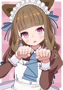 1girl apron ascot blue_ascot blue_ribbon blunt_bangs blush border brown_dress brown_hair collared_dress commentary contrast_collar dress frilled_apron frills gingham_background hair_ribbon highres juliet_sleeves kachimachi_kosuzu link!_like!_love_live! long_hair long_sleeves looking_at_viewer love_live! maid_apron nyan_nyan_nyan_fair_in_gamers official_alternate_costume open_mouth outside_border paw_pose pink_background pink_eyes puffy_sleeves ribbon solo tange_murasaki upper_body virtual_youtuber white_apron white_border