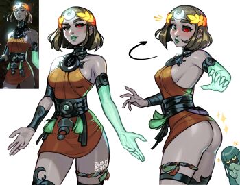 2girls ancient_greek_clothes aqua_skin artist_name ass asymmetrical_arms black_sclera blonde_hair blushyspicy bob_cut bone breasts colored_sclera colored_skin commentary dora_(hades) embarrassed english_commentary glowing_arm greco-roman_clothes green_eyes green_lips hades_(series) hades_2 heterochromia laurel_crown long_hair medium_breasts melinoe_(hades) mismatched_sclera multiple_girls official_art_inset reference_inset see-through_body short_hair simple_background skeletal_arm smile surprised wardrobe_malfunction