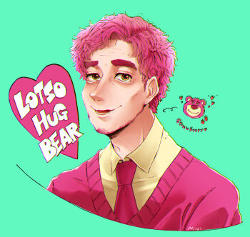 1boy character_name highres humanization karan_22 looking_at_viewer lots-o&#039;-huggin&#039;_bear male_focus necktie open_mouth pink_hair red_necktie shirt short_hair simple_background smile toy_story toy_story_3 yellow_eyes