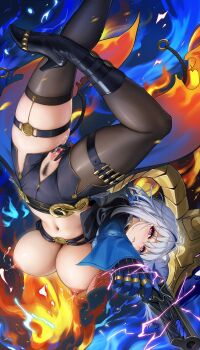 1girl absurdres aiming aiming_at_viewer black_boots black_jacket black_pantyhose black_shorts black_thighhighs boots breasts chimera_(wuthering_waves) cropped_jacket electricity galbrena_(wuthering_waves) grey_hair gun high_heel_boots high_heels highres holding holding_gun holding_weapon jacket large_breasts medium_hair navel niliu_chahui pantyhose purple_eyes shorts single_leg_pantyhose single_thighhigh solo stomach tacet_discord_(wuthering_waves) thigh_strap thighhighs upside-down weapon wuthering_waves