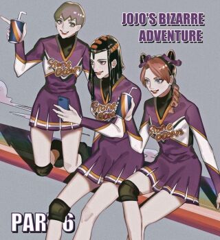 Rule 34 | 3girls, black hair, braid, braided ponytail, cellphone, cheerleader, commentary, copyright name, cup, disposable cup, double bun, ermes costello, foo fighters (jojo), hair bun, holding, holding phone, jojo no kimyou na bouken, kuujou jolyne, long hair, masakenme, multiple girls, phone, short hair, skirt, smartphone, stone ocean