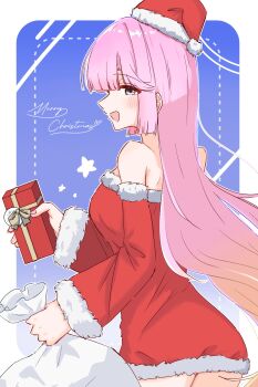 1girl alternate_costume anyoji_hime bare_shoulders blonde_hair blue_background blue_eyes box breasts commentary_request cowboy_shot detached_sleeves dress from_behind fur-trimmed_dress fur-trimmed_headwear fur-trimmed_sleeves fur_trim gift gift_box gradient_hair hat highres holding holding_gift holding_sack large_breasts link!_like!_love_live! long_hair love_live! merry_christmas momiji_(moj_0404) multicolored_hair pink_hair red_dress red_hat red_sleeves sack santa_costume santa_dress santa_hat solo strapless strapless_dress very_long_hair virtual_youtuber