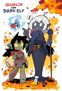 Rule 34 | absurdres, autumn, autumn leaves, black hair, colored sclera, colored skin, dark elf, elf, english text, fang, female goblin, foot wraps, goblin, green skin, grey skin, height difference, highres, leaf, mage staff, monster girl, no pupils, original, pointy ears, ponytail, rariatto (ganguri), staff, white hair, yellow sclera