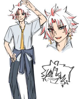 .osari 1boy alternate_costume arm_up artist_self-insert black_pants burn_scar collared_shirt colored_inner_hair colored_tips commentary earrings grey_eyes hand_on_own_hip heterochromia highres jacket jewelry looking_at_viewer male_focus multicolored_hair necktie pants red_eyes red_hair scar scar_(wuthering_waves) shirt smile solo symbol-only_commentary tied_jacket white_hair wuthering_waves yellow_necktie