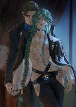 2boys belt black_belt black_choker black_hair black_jacket black_pants black_suit blue_shirt braid choker closed_mouth clothing_cutout code:_kite collared_shirt cowboy_shot cross cross_earrings curtained_hair curtains dress_pants earrings fingernails formal_clothes front-to-back glint green_eyes hair_between_eyes hair_slicked_back hair_tubes hand_on_another's_hip hashtag-only_commentary highres hip_bones hip_vent holding_hands indoors jacket jacket_on_shoulders jewelry lapel_pin lips long_hair long_sleeves looking_at_viewer male_focus multiple_boys necklace night nipples no_shirt pants shirt side_braid single_hair_tube smile suit suit_jacket toned toned_male upturned_eyes vase very_long_hair wallet_chain weijiujun wen_chou_(code:_kite) wide_hips window yan_liang_(code:_kite) yaoi yellow_eyes