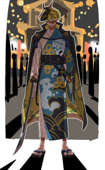 Rule 34 | 1boy, alternate costume, anime coloring, belt, belt buckle, black belt, black coat, black sash, blonde hair, blue kimono, blue rope, buckle, charm (object), closed mouth, coat, coat on shoulders, full body, gradient hair, hair over eyes, highres, holding, holding sword, holding weapon, jacket, japanese clothes, katana, kimono, kojitsunagi (pattern), long coat, loose belt, male focus, mask, mask on head, multicolored coat, multicolored hair, night, nijisanji, nijisanji en, npppiyo, o-ring, ofuda, oni mask, outdoors, print jacket, print kimono, rope, sandals, sash, scabbard, shaded face, sheath, shippou (pattern), short hair, smile, solo, sonny brisko, standing, sword, tassel, two-tone coat, two-tone hair, two-tone kimono, unsheathed, virtual youtuber, weapon, white hair, white kimono, yellow coat, yukata, zouri