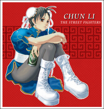 1girl archived_source beer_can black_hair blue_dress boots border brown_eyes bun_cover can capcom china_dress chinese_clothes chun-li closed_mouth collared_dress commentary_request crossed_arms double_bun dress drink_can earrings full_body grey_pantyhose hair_bun hair_ribbon half_updo high_collar holding holding_can jewelry knee_boots knees_together_feet_apart korean_commentary lace-up_boots laces lowres mandarin_collar milktea_(aoiexk) outline pantyhose photoshop_(medium) polka_dot polka_dot_background puffy_short_sleeves puffy_sleeves red_background ribbon sash short_hair short_sleeves sitting solo street_fighter white_boots white_border white_outline white_ribbon white_sash