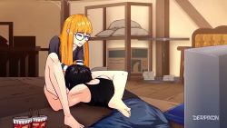 1boy 1girl amamiya_ren animated atlus black_hair bottomless clenched_teeth closed_eyes controller cunnilingus derpixon feet game_controller glasses hetero highres legs long_hair lying open_mouth oral orange_hair persona persona_5 sakura_futaba short_hair sitting smile tagme teeth thighs video webs