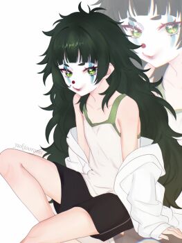 Rule 34 | 1girl, black shorts, blunt bangs, clown, clown mask, clown nose, collar, collarbone, commentary, english commentary, flat chest, green collar, green eyes, green hair, green trim, highres, hiyajou maho, lab coat, long hair, looking at viewer, mask, messy hair, science adventure, short shorts, shorts, sitting, sleeve pull, solo, steins;gate, steins;gate 0, tank top, very long hair, yukiooromi