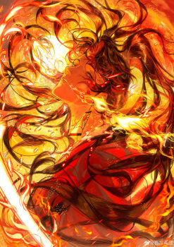 Rule 34 | 1boy, absurdres, baicumikuo, black hair, breath weapon, breathing fire, chinese commentary, commentary request, earrings, fire, floating hair, hanafuda earrings, haori, head back, head tilt, high ponytail, highres, japanese clothes, jewelry, kimetsu no yaiba, long hair, looking at viewer, looking back, looking to the side, male focus, orange background, orange theme, parted lips, ponytail, red eyes, red haori, solo, tsugikuni yoriichi, upper body, very long hair, warm colored, watermark, weibo watermark